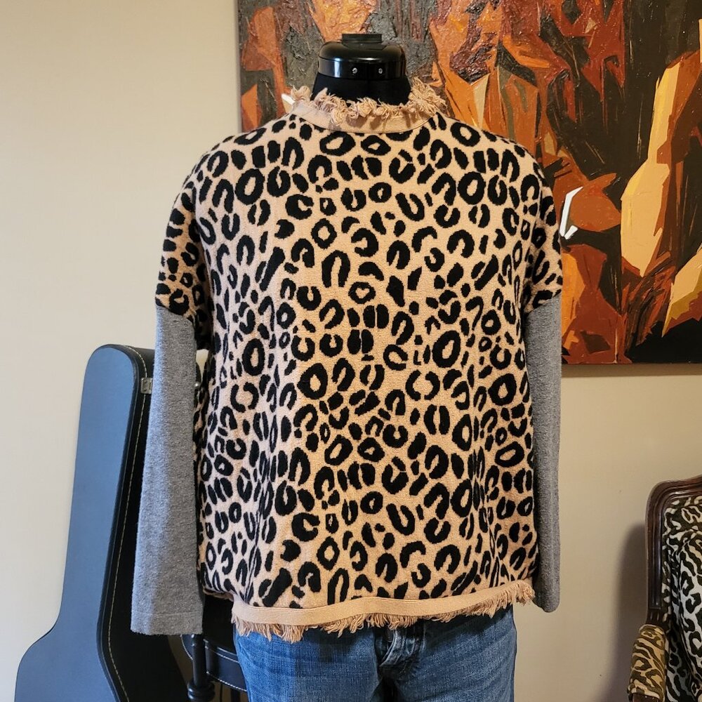 THML Leopard Print Crewneck Sweater with Gray Sleeves